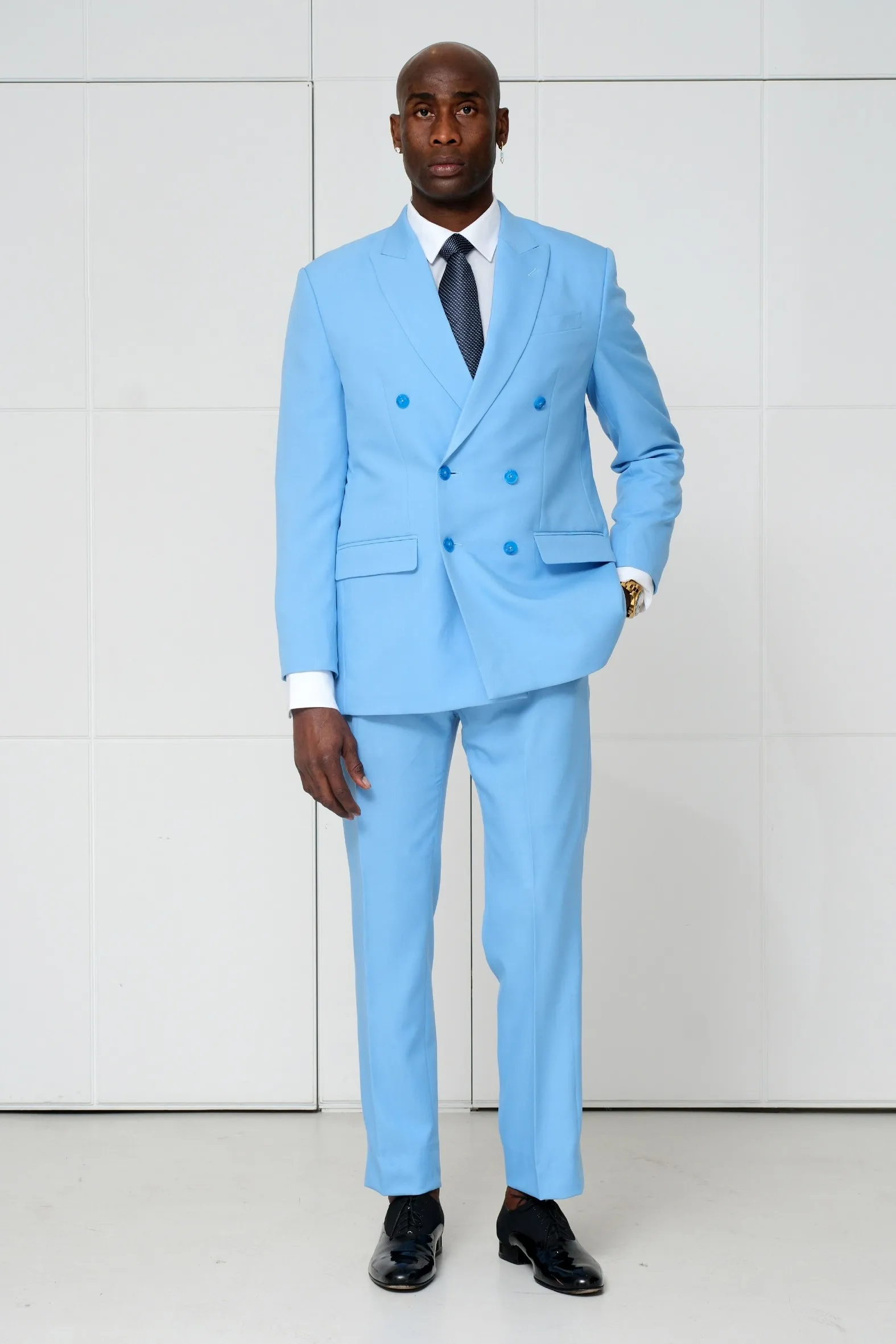 Sky blue double-breasted suit