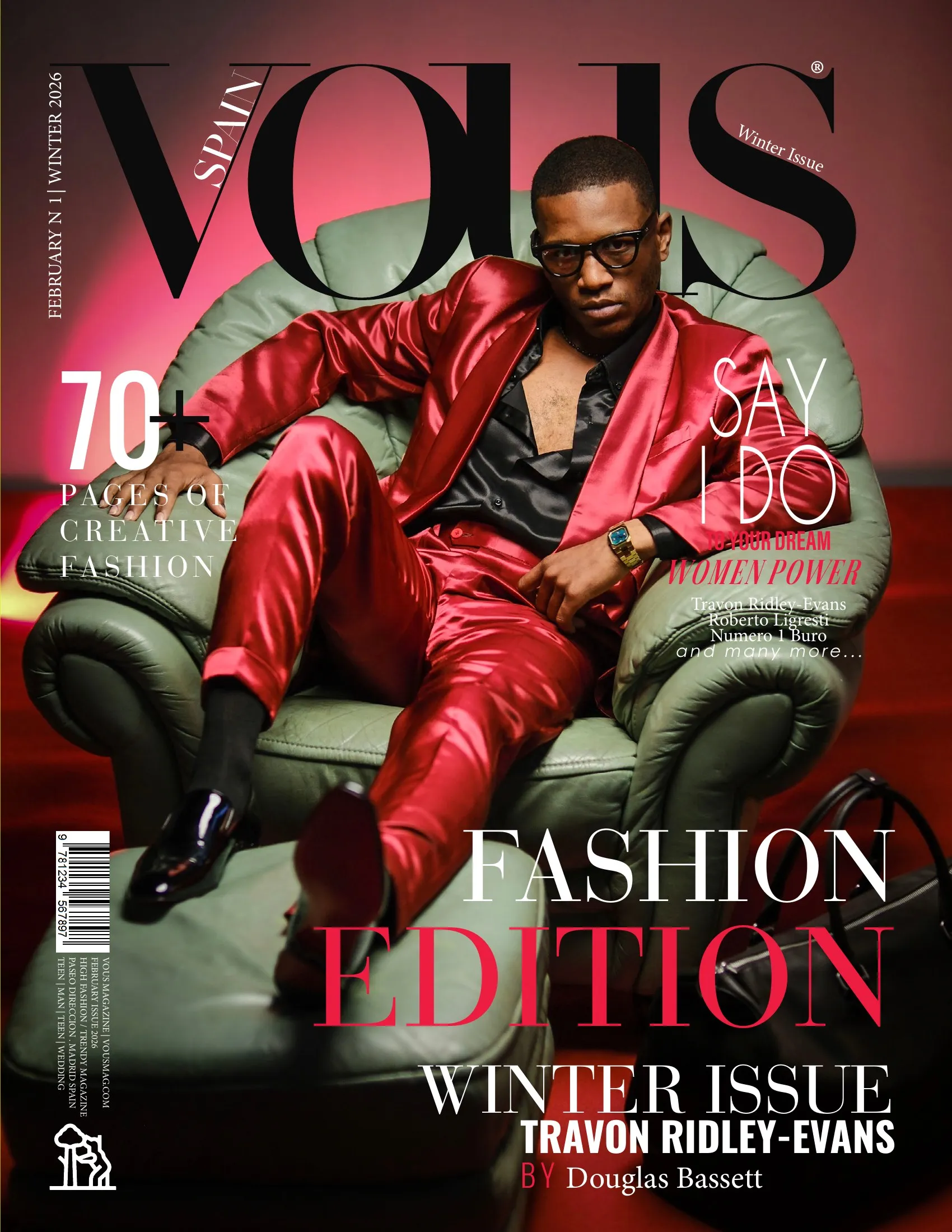 Vous Magazine, February 2026, second cover, Travon Ridley-Evans in a red satin suit